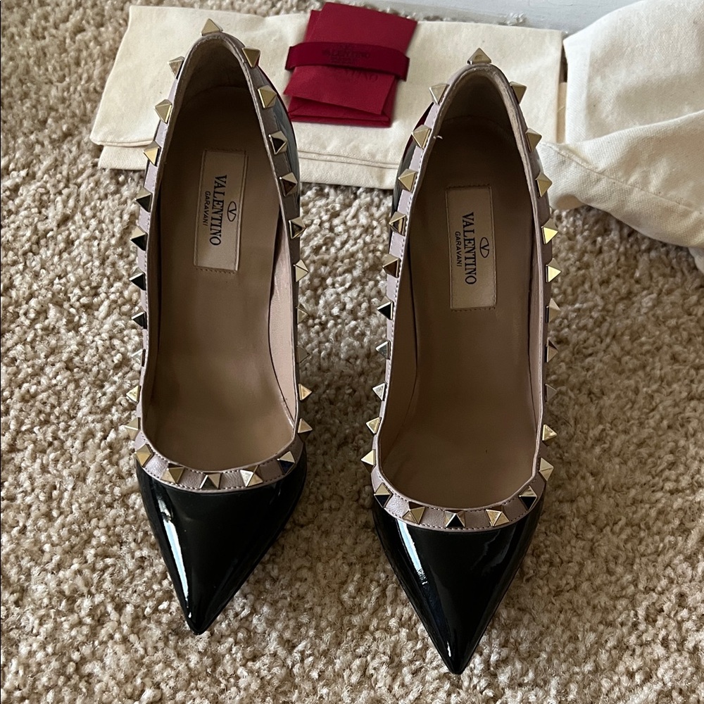 Classic Valentino Black Patent Leather Heels with Gold Studs
